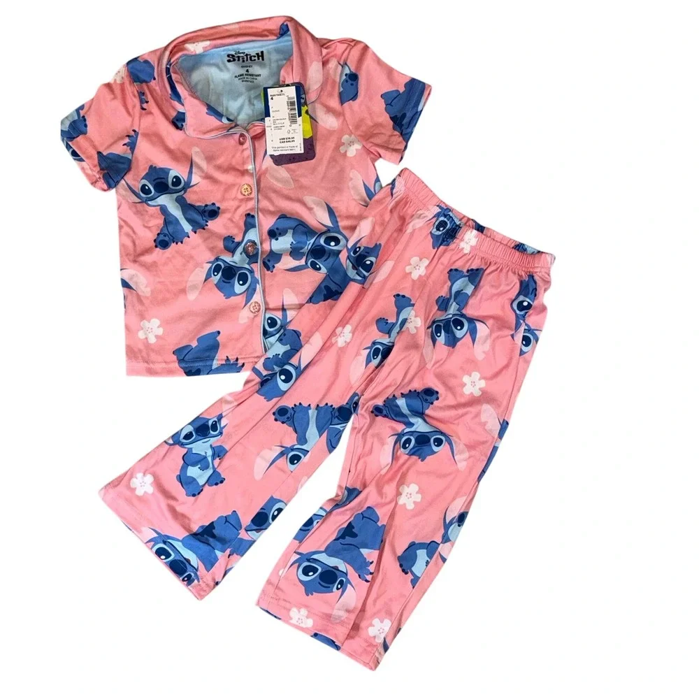 Disney Stitch Pajamas Kids Size 4 Pink Blue Flame Resistant Sleepwear Set‎